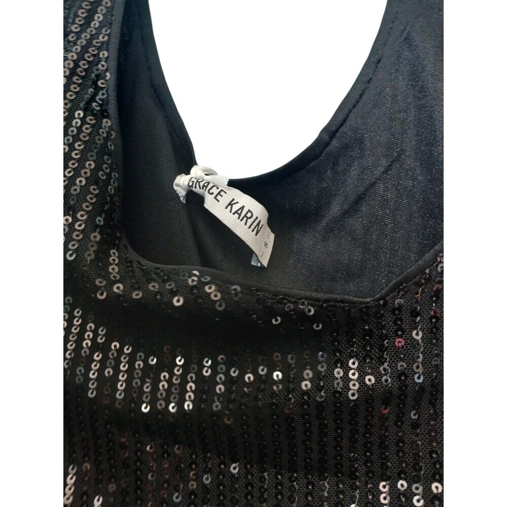 Grace Karin Sequin Top Black Size S V Neck Party Blouse Sparkly Evening - Picture 5 of 6